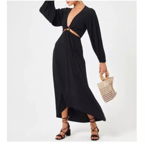 L*Space Colette Dress Waist Cutout Deep V Neck Blouson Sleeve Black Size Medium - Picture 3 of 12